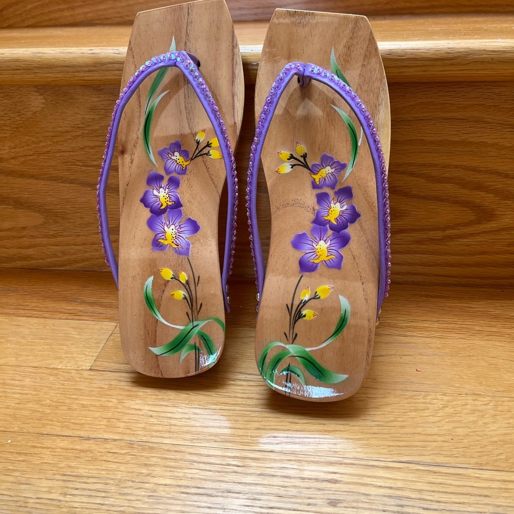 Handcrafted Wooden Sandals with Purple Accents